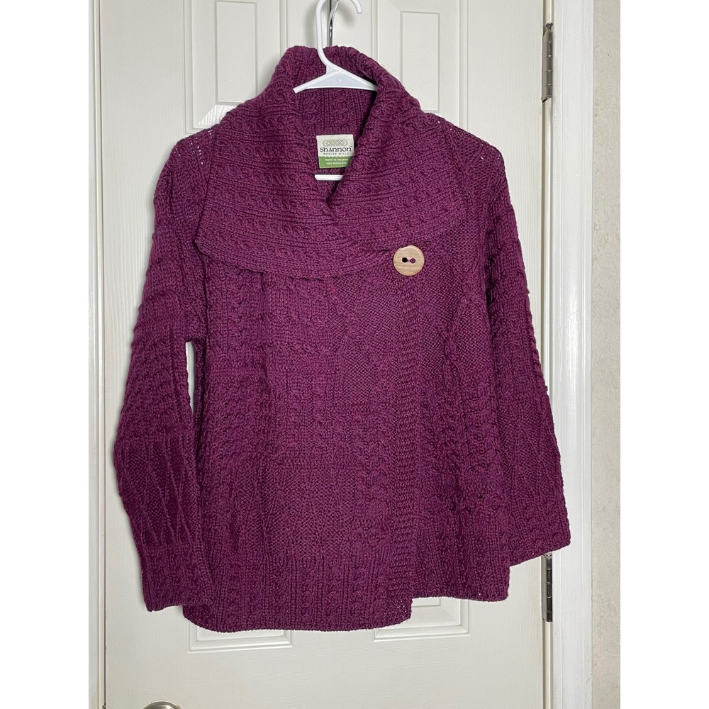 Shannon Woolen Mills Purple 100% Merino Wool Cable Knit Cardigan Made in Ireland